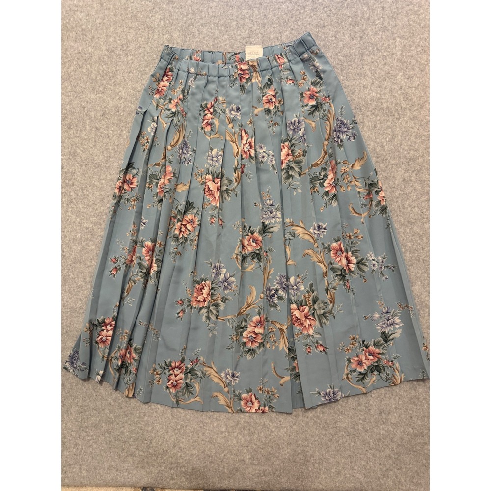 Koret Vintage Blue Floral Pleated Midi Skirt Elastic Waist Size 8 Cottagecore